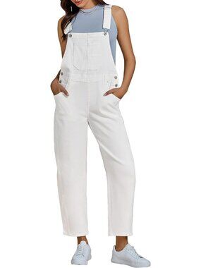 Women's Cream White Loose Fit Jean Overall Bib Denim Jumpsuits with Pockets